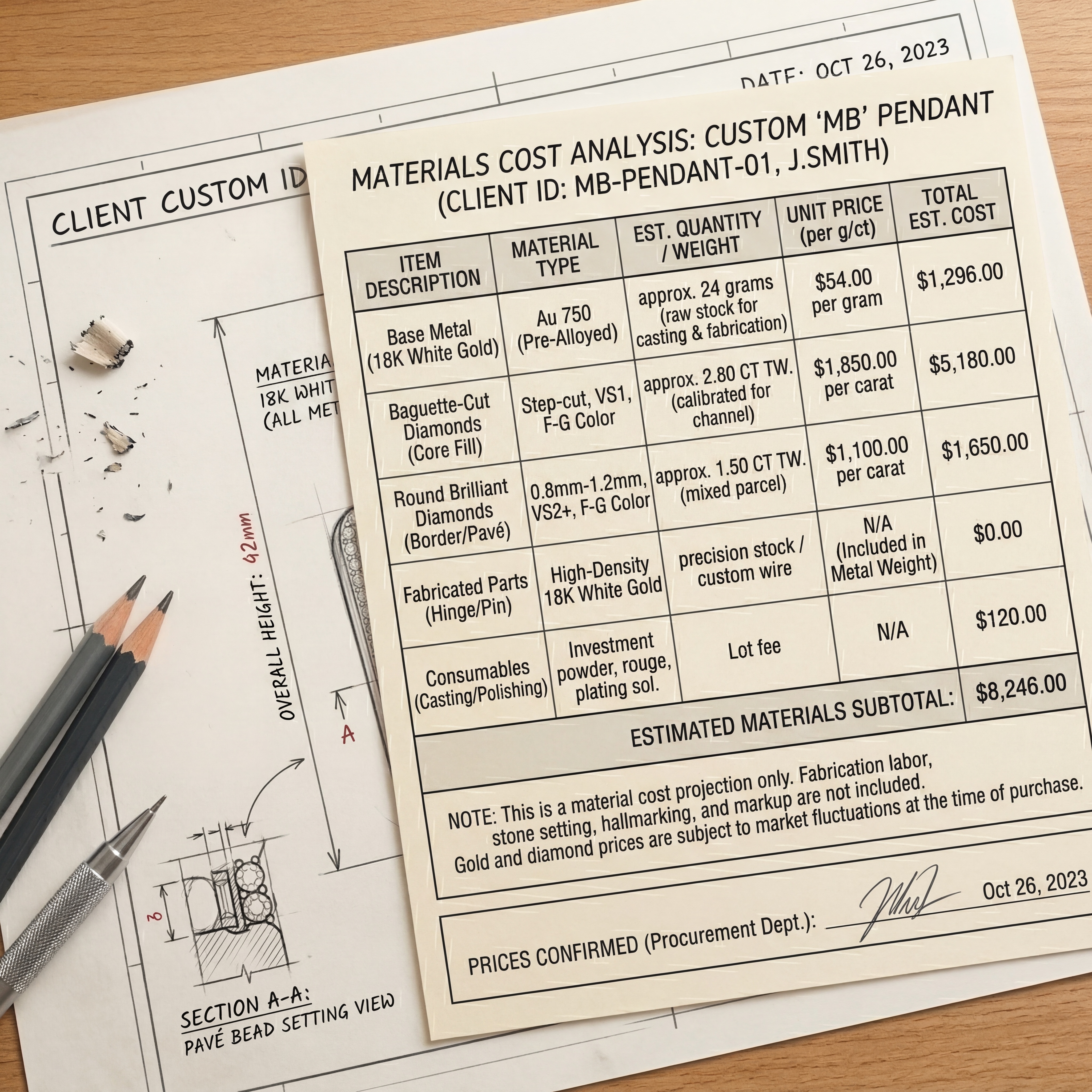 Materials cost analysis sheet